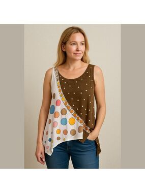Dharma Trading Co Brown and Pink Multicolor dots Asymmetrical Tank Top